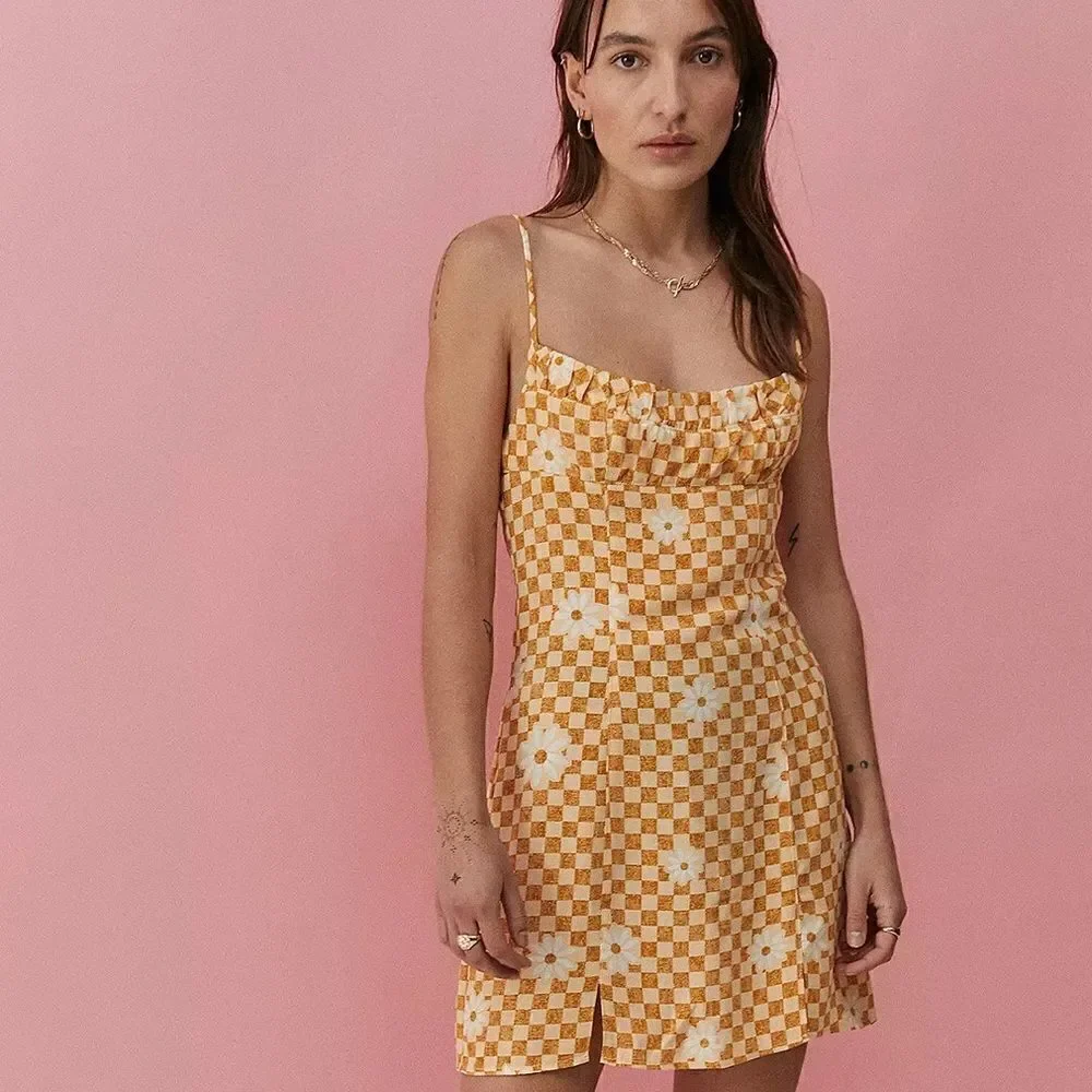 UO XS Lumi Daisy Gold Beige Check Print Spaghetti Strap Mini Bodycon Dress